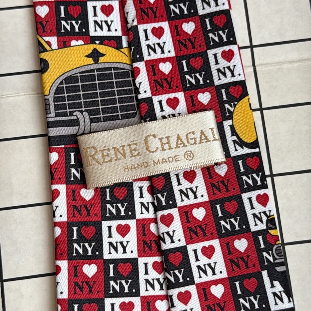 Vintage Rene Chagal Novelty Necktie – Yellow NYC Taxi Cabs & “I ♥ NY” Print  59" - Picture 3 of 10